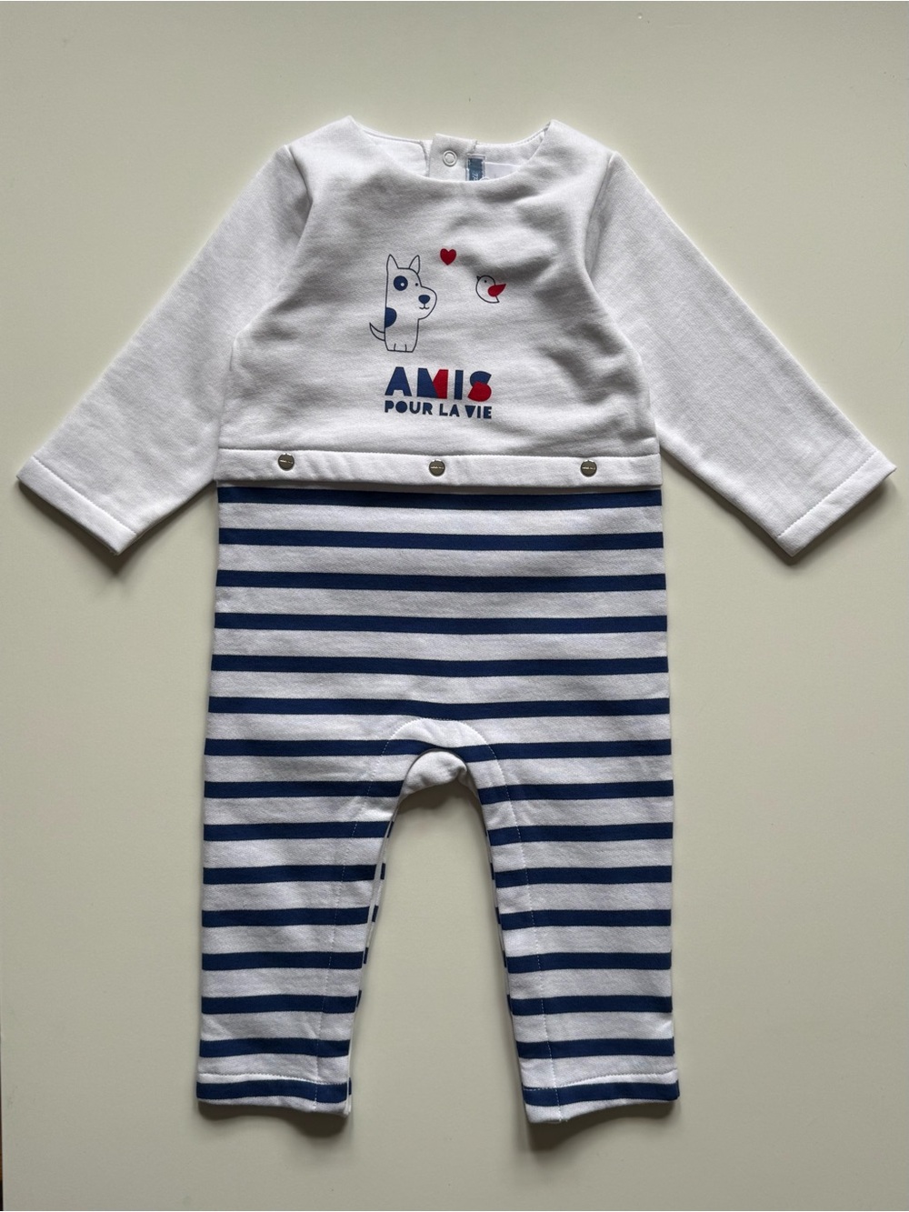 Jacadi Baby Unisex White and Navy Striped One-Piece, Amour Pour La Vie - Sz. 12M